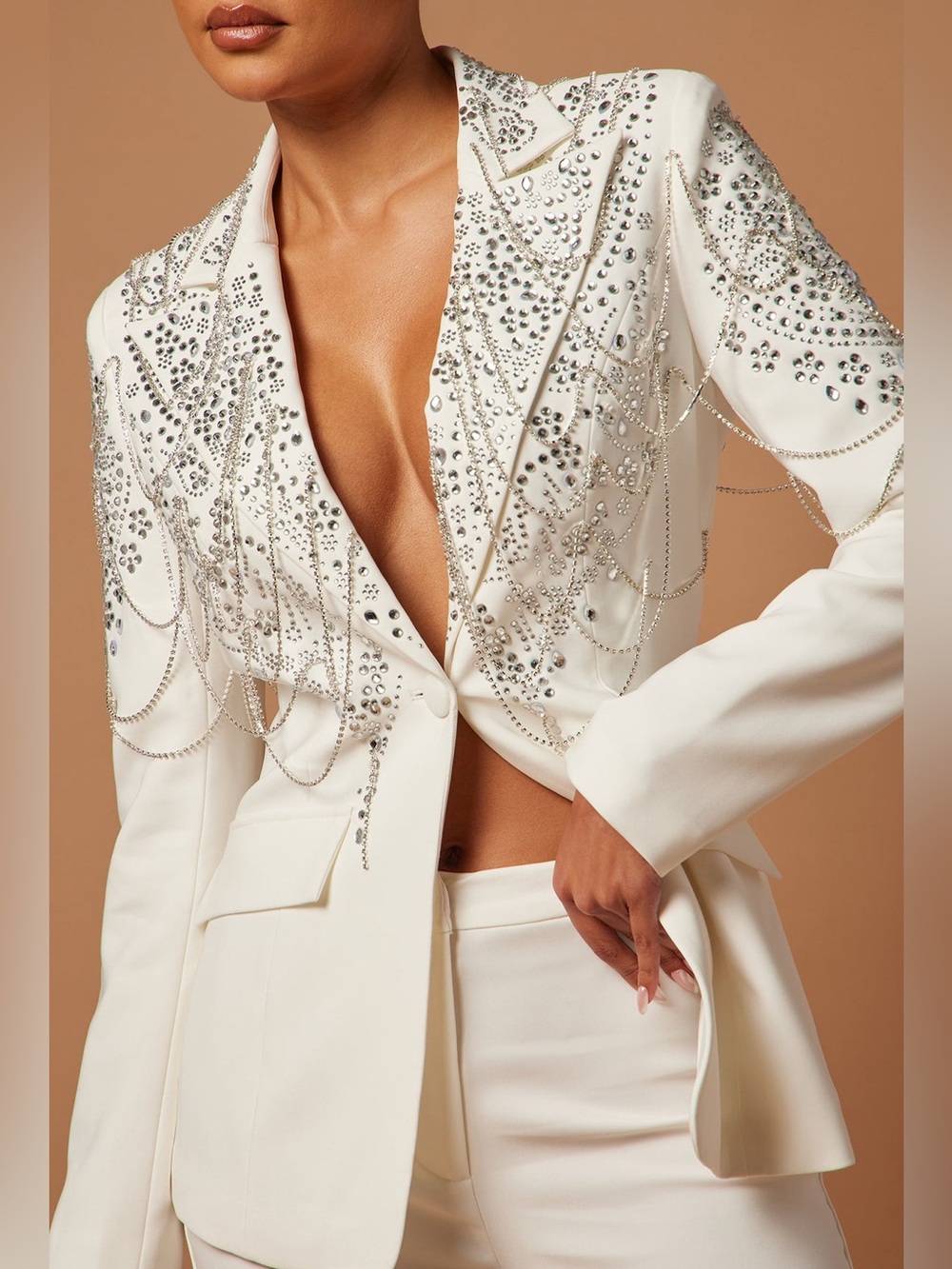 Embellished White Crystal-Chain Blazer